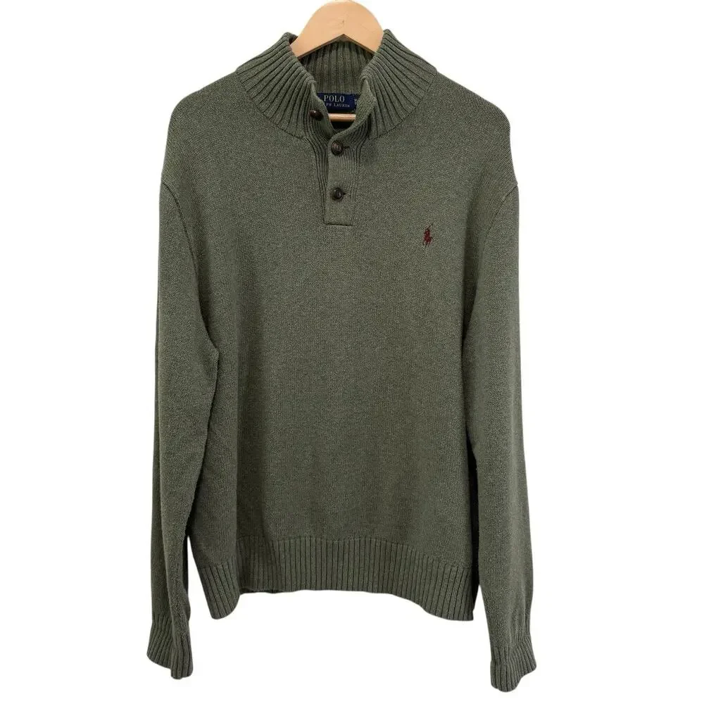 Polo Ralph Lauren Mens Sz XL Button Mock Neck Army Green Cotton Pullover Sweater